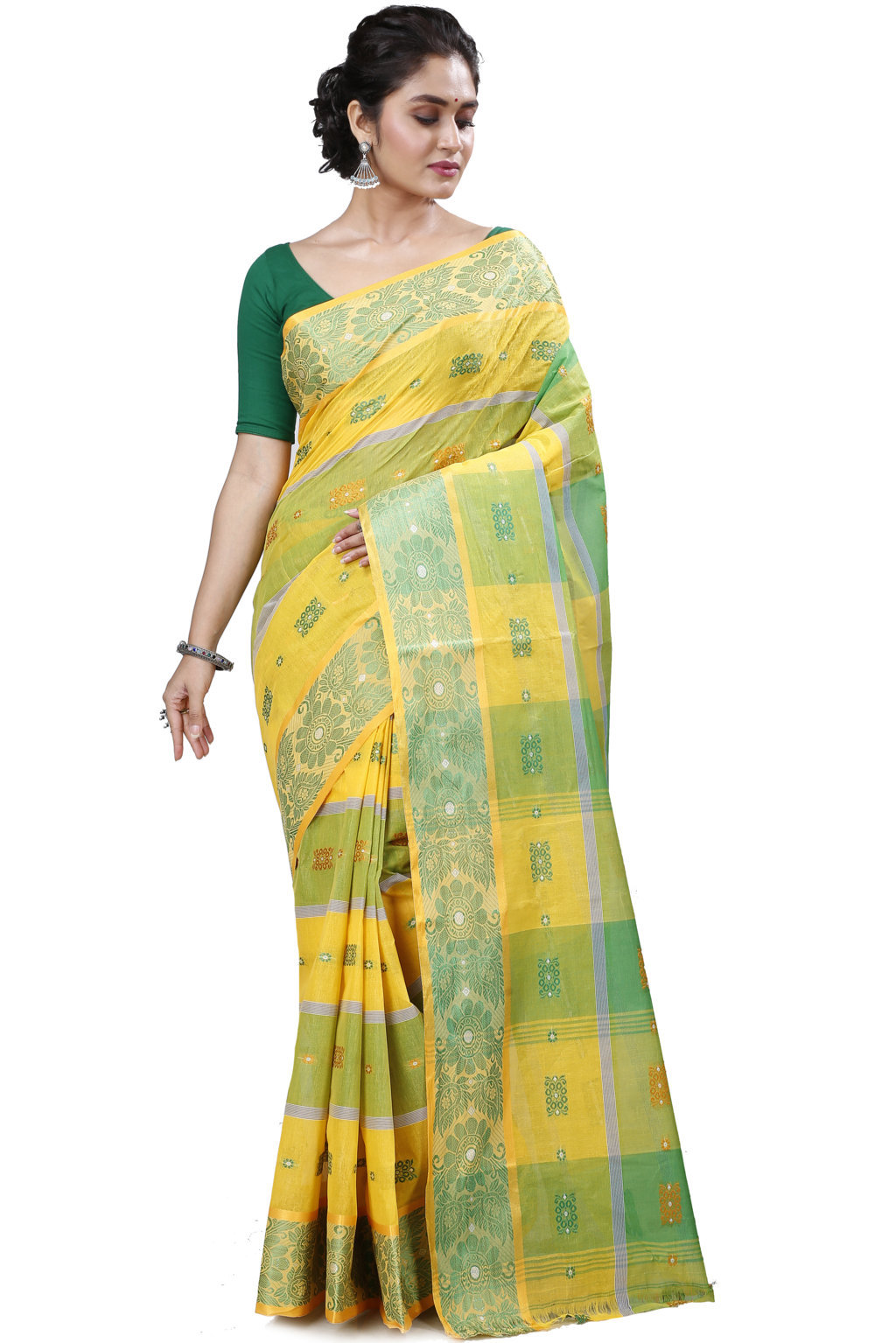 Yellow Green Pure Cotton RajSahi Tant Saree (953)